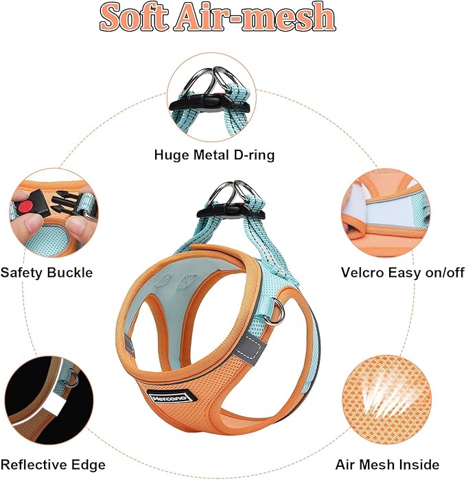 Mercano Soft Mesh Dog Harness and Leash Set, No-Chock Step-in Reflective Breathable Lightweight Easy Walk Vest Harnesses with Safety Buckle for Small Dogs, Cats (S, Orange Blue)