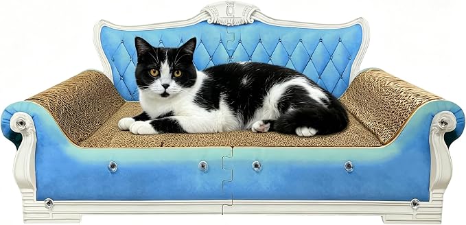 Luxury Cardboard Cat Scratcher Sofa Bed, Couch Shaped Scratching Board, Scratch Lounge with Catnip, Cat Scratcher for Indoor Cats Large Blue 25.4“x12