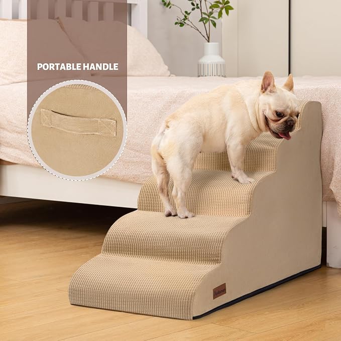 Aodisman Dog Stairs for High Bed,5-Step Pet Ramp for Small Dogs and Cats | 22.2" H Dog Steps for Bed with High-Density Foam, Help Olders,Short-Legged Dogs,Puppy and Cats Get on Beds Easily,Grey,Khaki