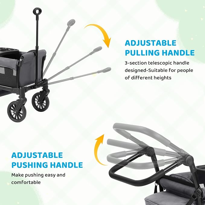ELEMARA Foldable Wagon Stroller, Stroller Wagon for 2 Kids, Premium All Terrain Wagon for Kids with Removable Canopy, Adjustable Push/Pull Handle, Harnesses, Large Storage Bag, Grey