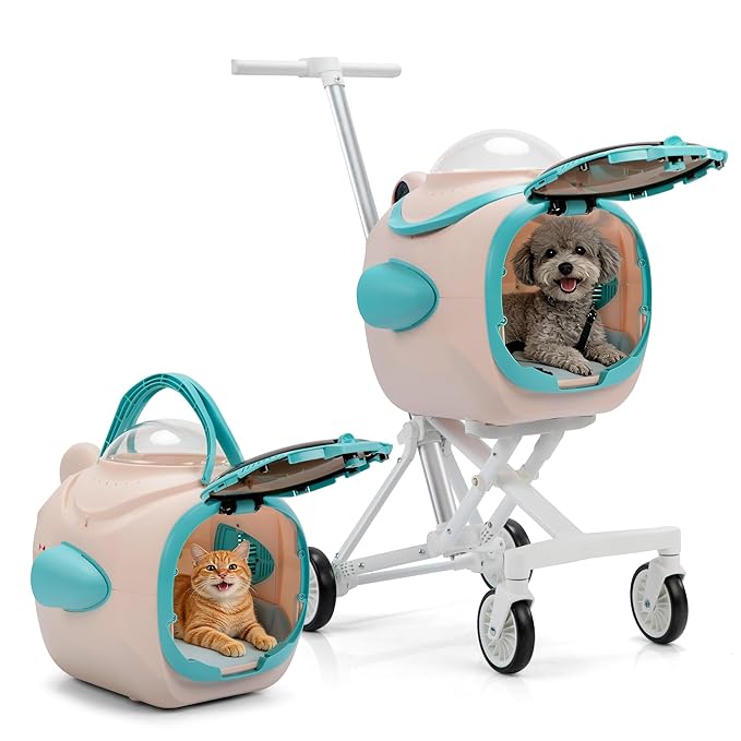 COZIWOW Dog Pet Stroller with Cooling Exhaust Fan, Foldable 4-Wheel Cat Stroller Car Seat with Temperature Display Anti-Irritation Privacy Barrier, Cat Carrier for Small & Medium Dog
