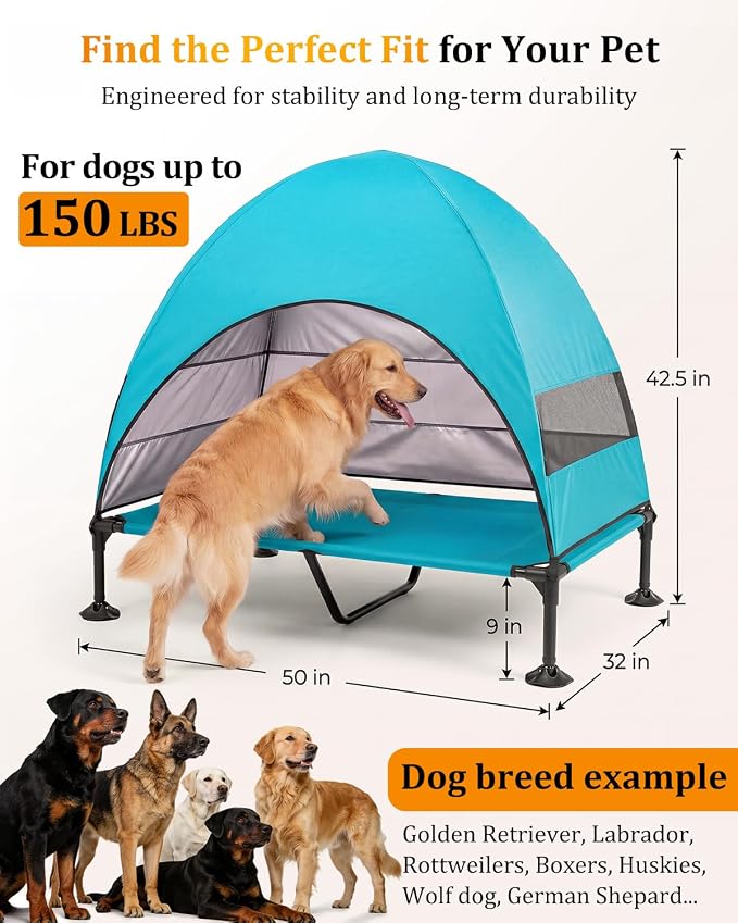 Elevated Dog Bed with Canopy - 3-Sided UV Protection Pet Tent with Wider Shade, Raised Cooling Outdoor Dog Cot with Breathable Mesh for Medium Large Dogs, Portable Bed for Camping, Patio (Aqua, XL)