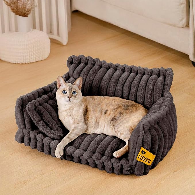FUNNY FUZZY Cat Bed, Fluffy Orthopedic Supportive Pet Sofa Pillow, Grey | Cat Beds for Indoor Cats, Cozy Corduroy Flannel, Small Dogs, Removable Cover, Non-slip, Snoozy Dream 23.6"×17.7" Up to 15 Lbs
