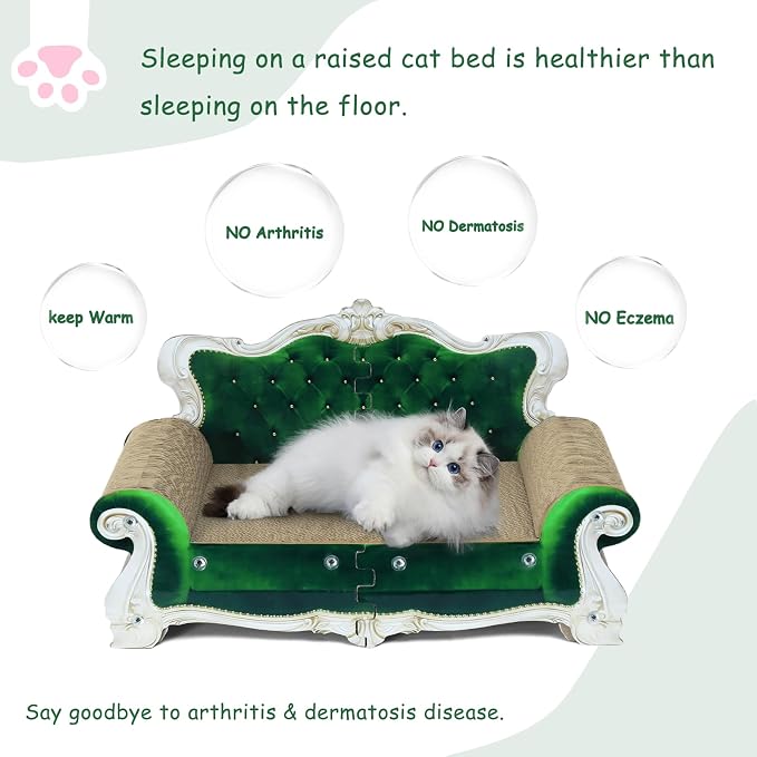 Luxury Cardboard Cat Scratcher Sofa Bed, Couch Shaped Cat Scratching Board, Cat Scratch Lounge with Catnip, Cat Scratcher for Indoor Cats (Green Crown)