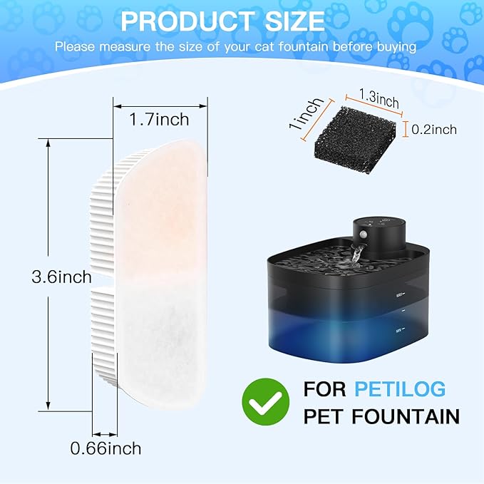 Cat Water Fountain Filters for 84oz/2.5L Battery Operated Petilog Pet Water Dispenser Fountain (4 Filters& 4Sponges) (4)