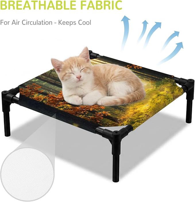 Outdoor Elevated Dog Bed for Small Dogs, Forest Breathable Cooling Raised Dog Cot for Indoor/Outdoor, Sunlight Rustic Trees Orange Green Mystery Waterproof Elevated Pet Beds, S 20 x 20 in