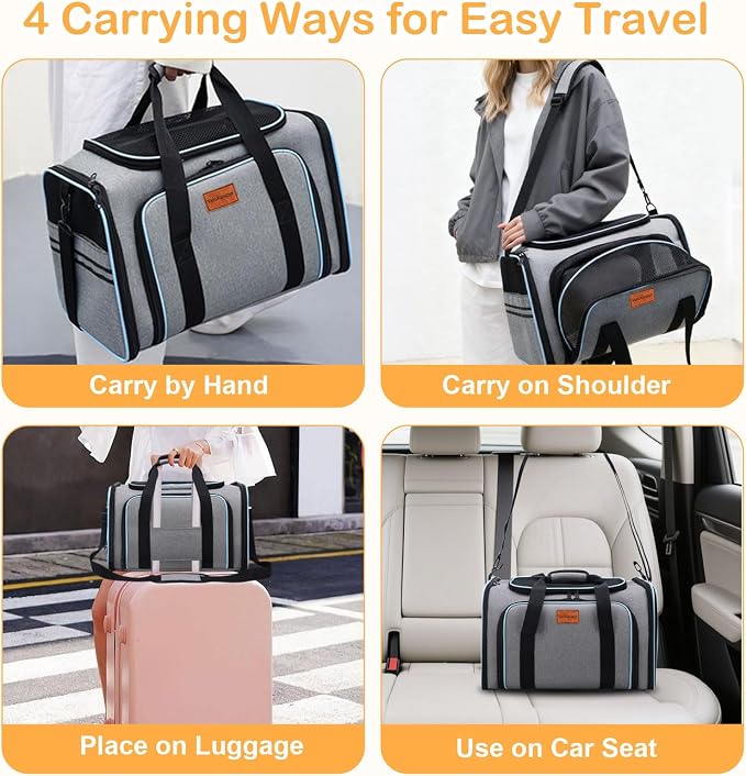 Expandable Airline Approved Pet Carrier, Soft-Sided Travel Bag for Small Cats Dogs with Hard Shell Base, Removable Fleece Pad, Ventilated Mesh, Gray (Blue Trim)