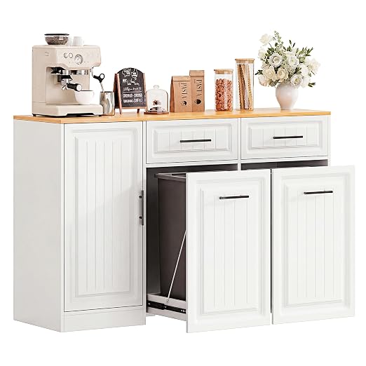 ZIFTY Pull Out Trash Can Cabinet with Storage, 2×13 Gallon Trash Cans White | Pet Proof, Freestanding Kitchen Cabinet, Large, Hideway Drawer , Hidden Garbage Storage, Modern Farmhouse Waste Bin Furniture