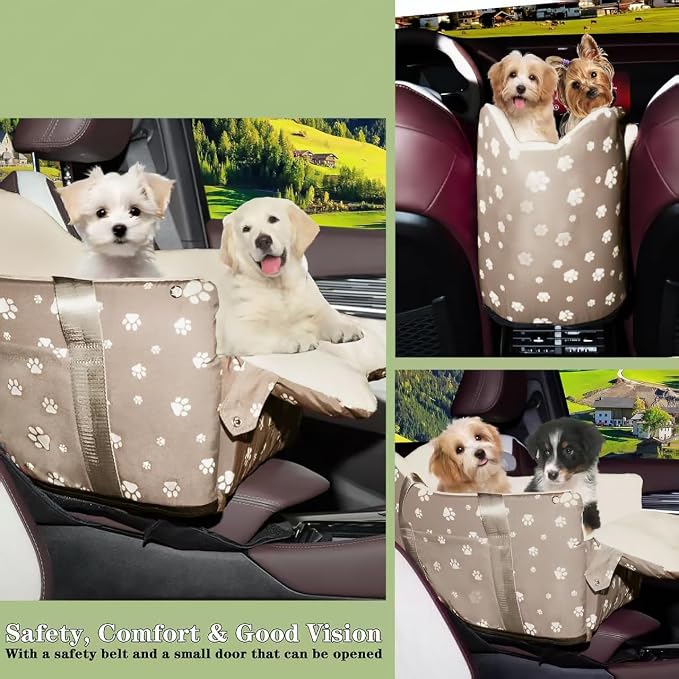 Dog Center Console Car Seat Up to 21 lbs, Khaki | Memory Foam Pet Booster Seat Portable Medium Dog Armrest Booster With Soft Cushion Safety Belt