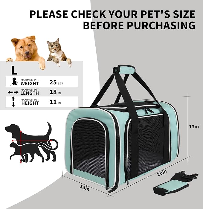 Cat Dog Carriers Soft-Sided, Pet Travel Carrier for Small Cats Dogs Under to15lbs, Soft-Solid Collapsible Carrier,(Medium,Green)