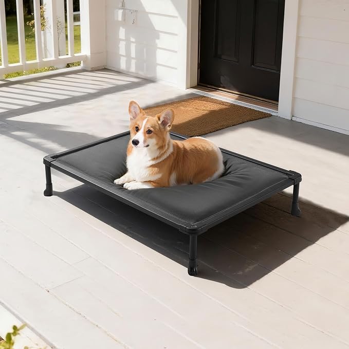Veehoo Chew Proof Elevated Dog Bed, Padded Indestructible Raised Dog Cot | Orthopedic Dog Platform Bed with Soft Padded Mat, Durable Waterproof Pet Cot for Indoor, Outdoor or Crate, 35-Inch, Grey
