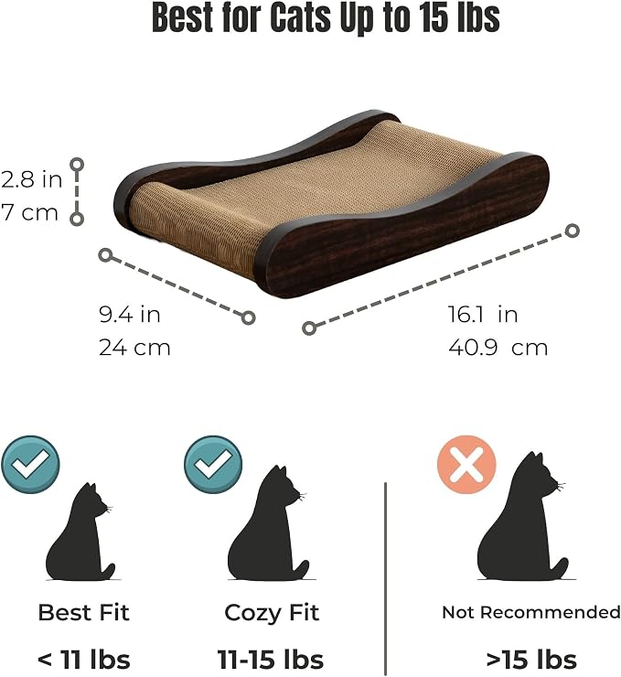 Claw Surfer Cat Bed - Cat Scratcher Bed & Lounge – Heavy Duty High-Density Cardboard, Lasts 5X Longer. Modern Curved Scratching Pad with 20mm White Frame. Non-Toxic, No Mess, Espresso