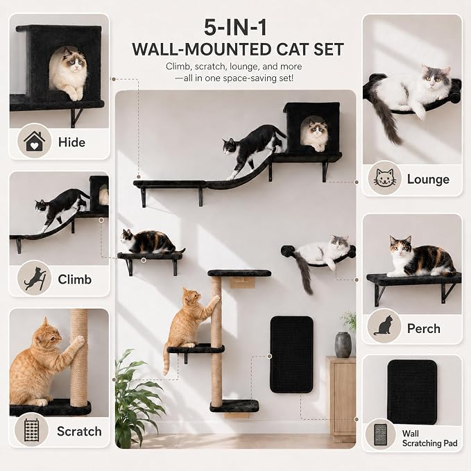 Wall Mounted Cat Furniture Combo of 5, 5 in 1 Cat Shelves with Hammock, Bridge, Climbing Tree, Scratcher & Perch – Indoor Wall Cat Playground for Large Cats, Holds Up to 30 lbs,