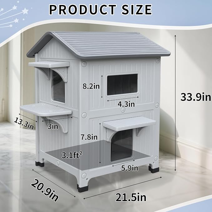 Outdoor Cat House 2 Story HDPE Weatherproof for Feral Cat, Grey with Mat | 21.5" D x 21" W x 34" H, Plastic Elevated Insulated Cat Shelter with Escape Door, Easy Clean & Assemble, Expansive Interior‌