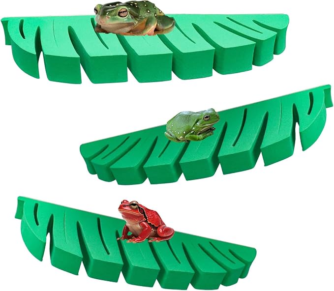 Tree Frog Terrarium Accessories, 3 Pack Green Sponge Relax Spots with Adhesive, Frog Habitat Platform, Tank Habitat Accessories for African Dwarf Frog, Toad