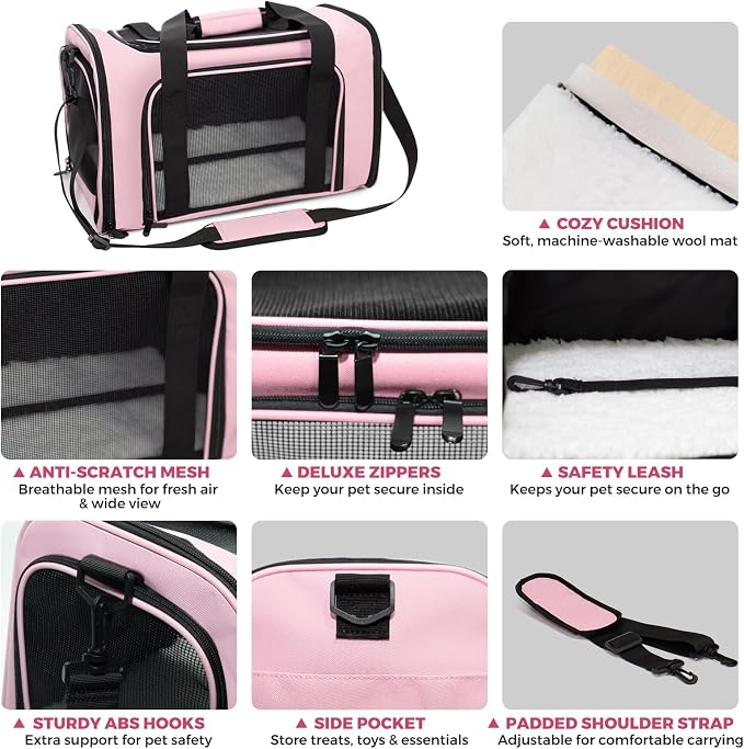 Soft-Sided Cat Carrier Expandable Pet Carrier Airline Approved Mesh Travel Carrier Up to 22lbs for Cats Small Dogs Collapsible Escape-Proof with Shoulder Strap Washer (20x13x13 Pink)