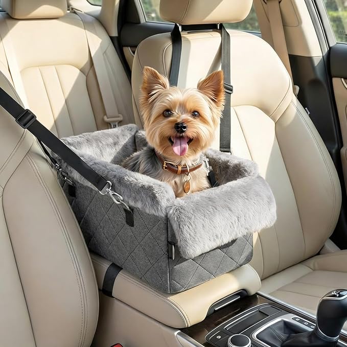 VavoPaw Center Console Dog Car Seat for Small Dogs&Cats Under 12 LBS | Puppy Car Seats with Non-Slip&Strong Support,Anti-Collapse Portable Pet Bed for Puppies with Soft Cushion Safety Belt,Gray