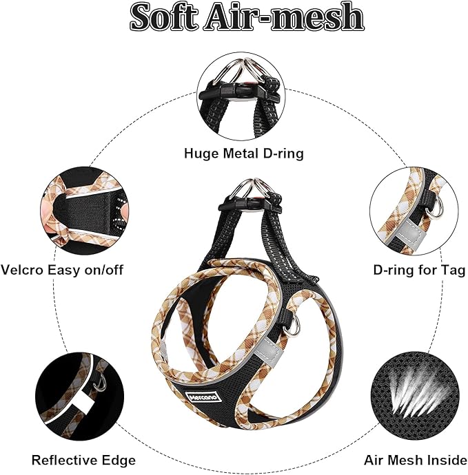 Mercano Soft Mesh Dog Harness and Leash Set, No-Chock Step-in Reflective Breathable Lightweight Easy Walk Vest Harnesses with Safety Buckle for Small Dogs, Cats (Black Yellow, L)
