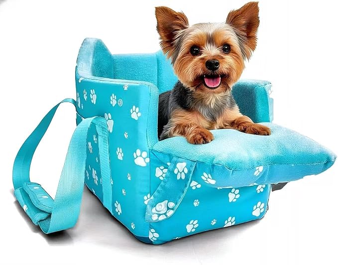 Center Console Dog Car Seat for Small Dogs Under 15lbs,Detachable Washable Booster Pet Car Seat Travel Bed with Storage Pockets and Seat Belt(Blue)