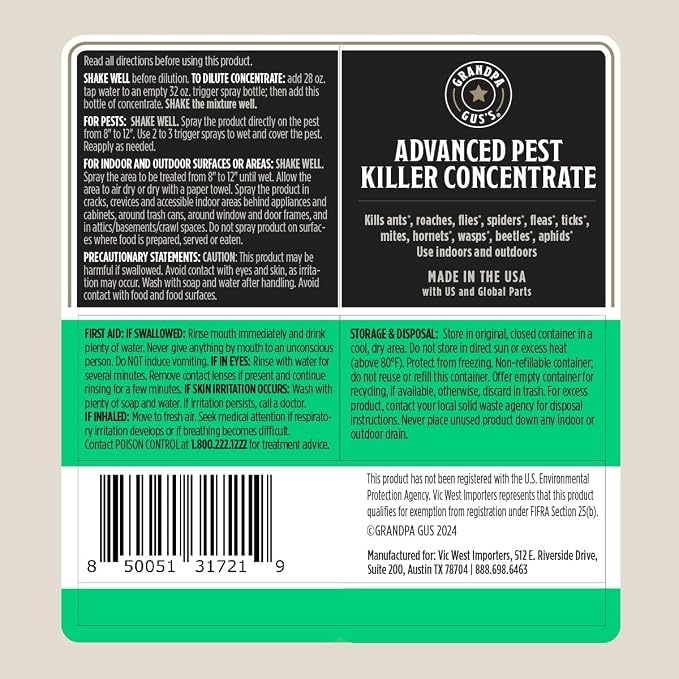 Grandpa Gus's Advanced Pest Killer, Indoor & Outdoor Bug Spray for Home, Ants, Roaches, Flies, Spiders, Fleas, Gnats, Silverfish, Moths & More, Clove & Cottonseed Oil, Kid, Pet Safe, 16 fl oz