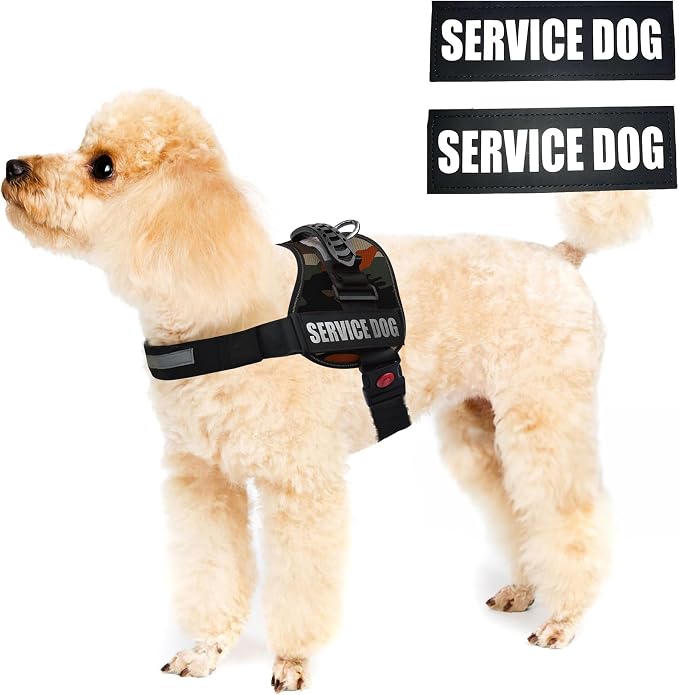 Service Dog Vest Harness – Reflective Service Animal Vest, No-Pull Harness with Handle & Mesh Padding – Sizes XXS-XL for Puppies – 2 Removable Service Patches Included(Small, Green Camo)