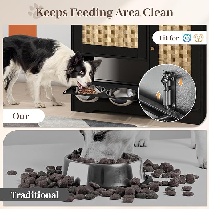 Rovibek Dog Food Storage Cabinet with 2 Raised Dog Bowls and Storage | Pet Food Cabinet Feeding Station and Dogs Food Storage Organizer with 3 Hooks for Living Room