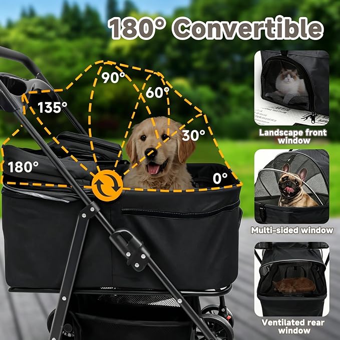 Pet Stroller for Small Dogs and Cats with 4 Wheels, 3 in 1 Foldable Dog Stroller with Detachable Carrier, Breathable Mesh, Storage Basket & Cup Holder, Up to 33 lbs
