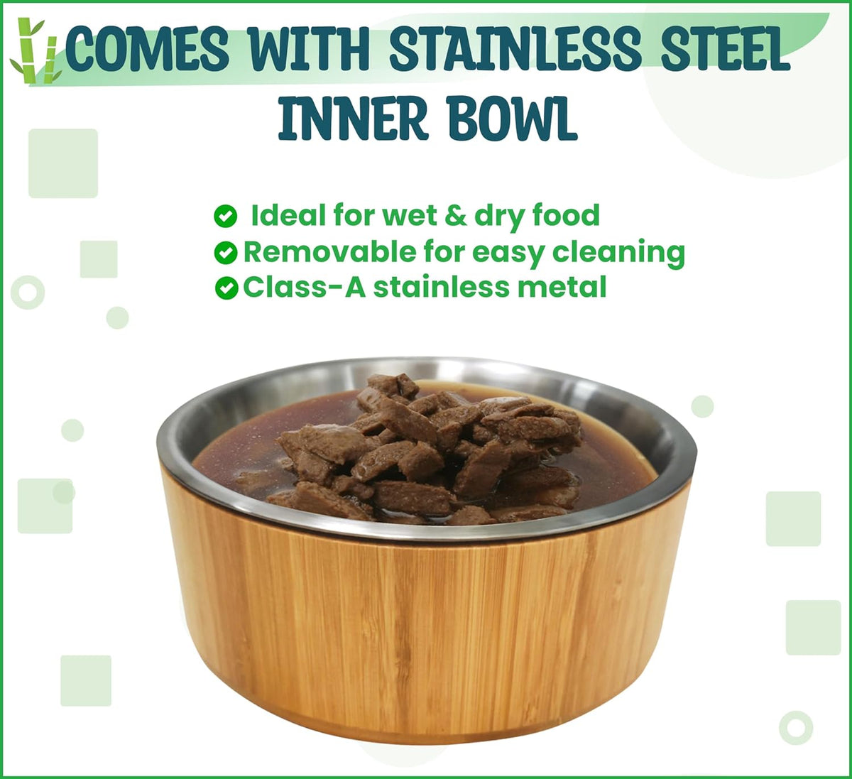 Dog Bowls Elevated, 12-inch High, 5-Cup Cap - Set of Bamboo Holder, Stainless Inner Dish and Stand - Ideal for Medium to Large Breeds - All-Detachable Parts