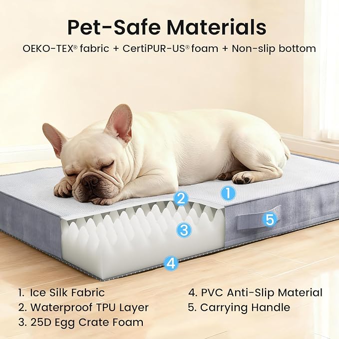 OhGeni Orthopedic Cooling Dog Bed for Medium Dogs, Cooling Mat with Machine-Washable Removable Cover in Easy-Clean Fabric, High Density Foam & Easy-Carry Handle, Summer Pad, 30 inch (Gray)
