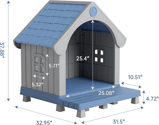 Bifanuo Dog House Outdoor Weatherproof with Porch for Small Medium Dogs, Durable Plastic Pet House with Sloping roof and Elevated Floor, Easy Cleaning and Assemble (Blue, 32.95"D x 31.5"W x 37.88"H)