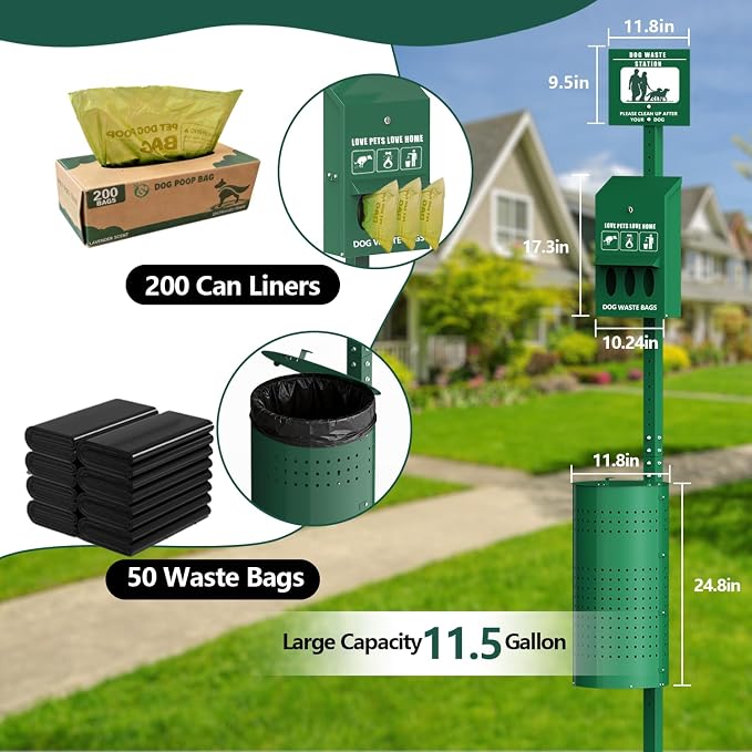 Dog Waste Station 11.5 Gallon, Outdoor Pet Waste Station with Bags, Lockable Dispenser, Keys & Can Liners– Heavy Duty Dog Poop Station for Parks, Backyard, Commercial Use