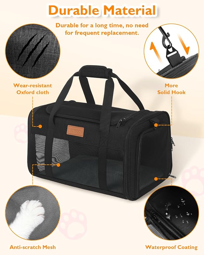 PETUX Airline Approved Pet Carrier for Small Cats up to 12 lb, Black | 17x11x9.5 in, Underseat, Top & Side Entry, Soft Sided Cat Carrier with Breathable Anti-Scratch Mesh for Travel & Vet