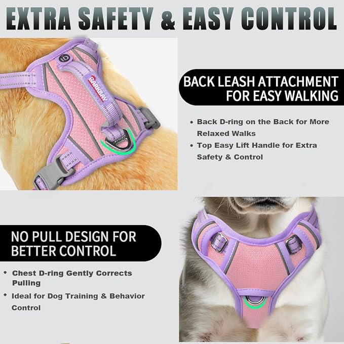BARKBAY No Pull Dog Harness Large Reflective Dog Harness with Front Clip and Easy Control Handle for Walking Training Running with ID tag Pocket(Baby Pink & Violet Purple,XS)