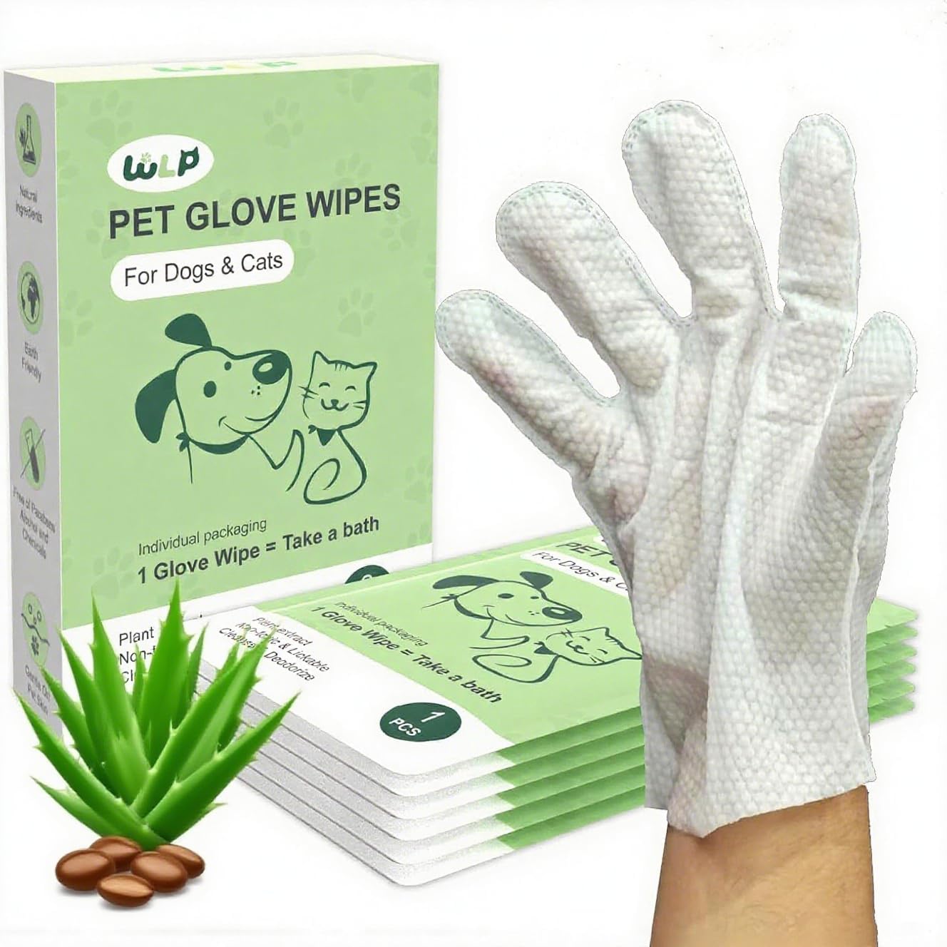 WLP Pet Glove Wipes for Dogs & Cats, Cleaning Deodorizing Hypoallergenic Hydrating Grooming Wipes, Individually Wrapped, Enriched with Aloe & Jojoba Oil for Daily Care, Traveling (6 PCS)