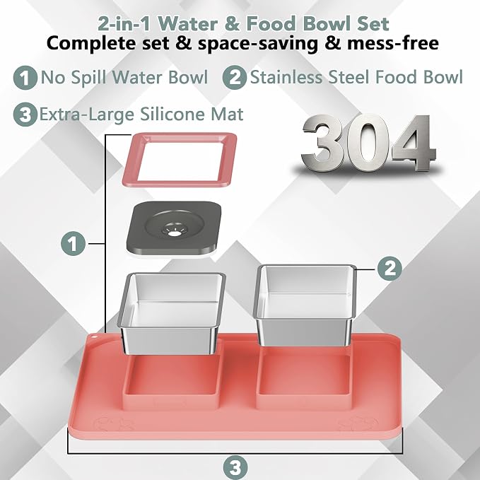 Dog Bowl Set, No Spill Dog Water and Food Bowl with Silicone Mat | Large Capacity 304 Stainless Steel Bowls, 2-In-1 Set, Slow Drinking, Anti-Slip Silicone Feeding Mat, Home/Travel, 6-7 Cups