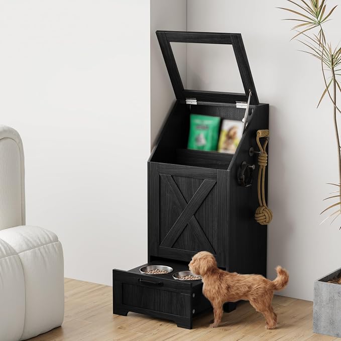 Dog Feeding Station,Dog Food Storage Cabinet,Pet Feeding Station with 2 Elevated Bowls,Hidden Pet Feeder Station with Hooks,Flip Top Pet Storage Organizer for Water,Feeding (Black)