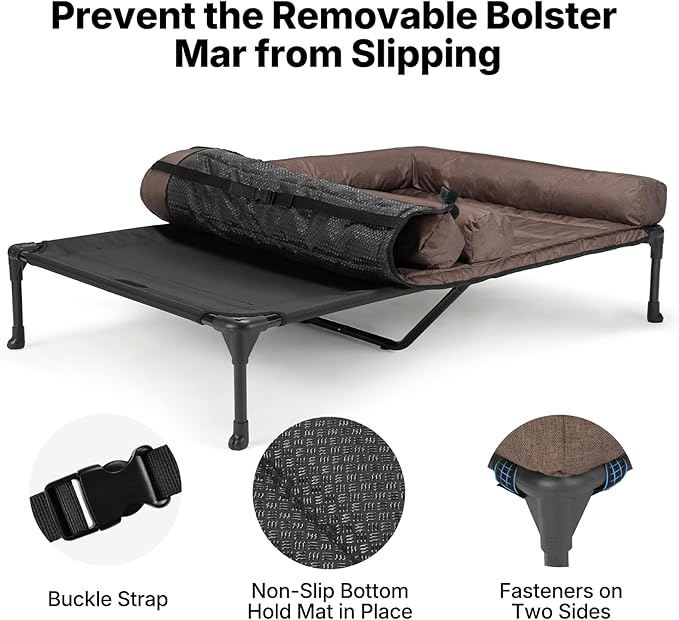 Veehoo Elevated Dog Bed for 2 Dogs, Cooling Raised Dog Bed with Bolster Mat | Outdoor Double Dog Bed with Removable Waterproof Cushion, Breathable Mesh, Non-Slip Feet for Outdoor & Indoor, 53", Brown