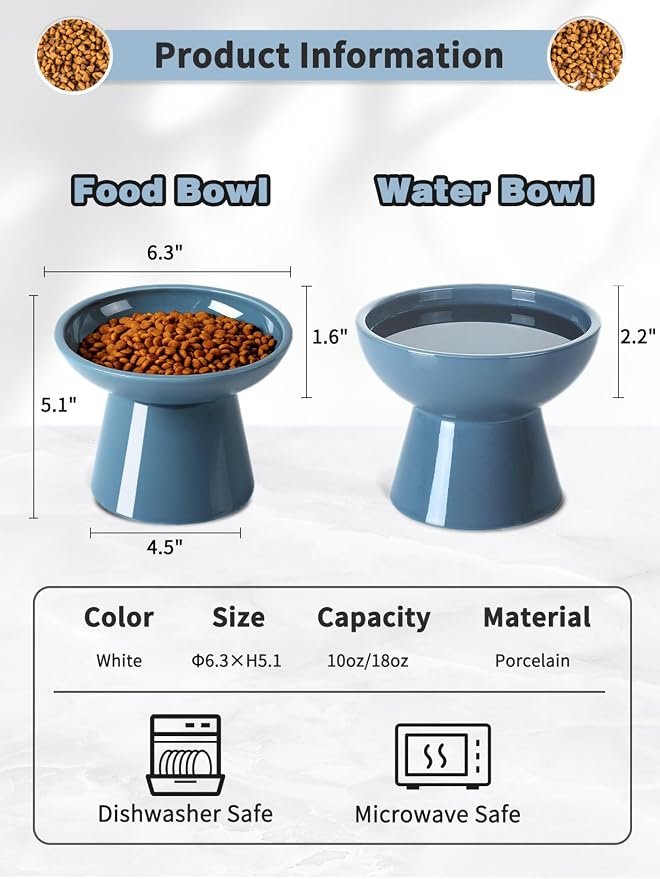 LoeJan Elevated Cat Food and Water Bowls Set, Extra Wide and Raised Ceramic Feeder, Anti-Vomit Whisker-Free Pressure Feeding Bowl for Kittens Adult Small Dogs (Deep Blue, Food Bowl)