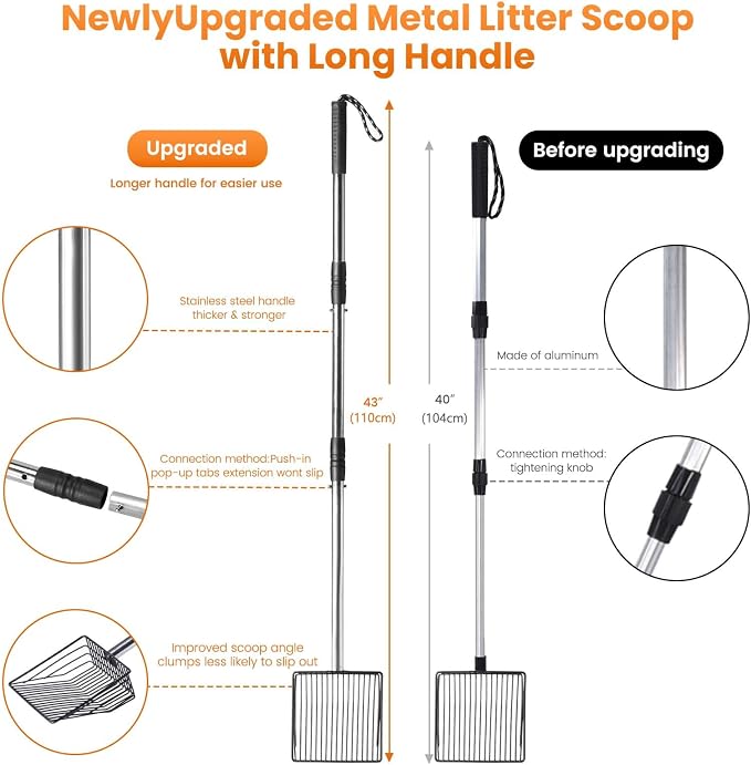 PETOCAT Cat Litter Scoop 43 inch Metal Litter Scooper with Stainless Steel Long Handle, Upgraded Large Kitty Box Scooper Heavy Duty Deep Shovel for Fast Sifting, Dog Waste Scooops for Outside Pet Poop