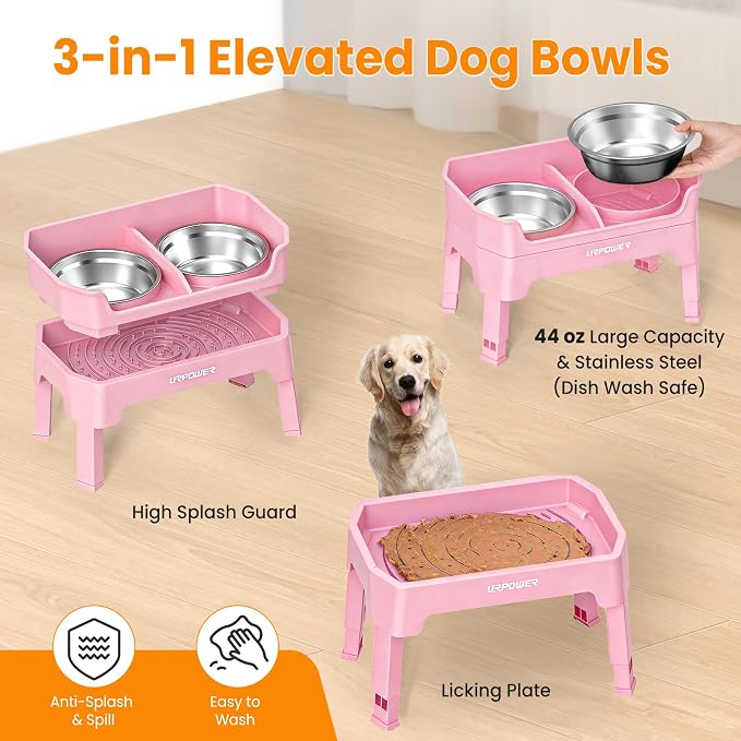 URPOWER Elevated Dog Bowls, 3-in-1 Double Deck Raised Dog Bowl Stand | 4 Height Adjustable Raised Stand with 2 Stainless Steel Food Bowls & Licking Plate for Small, Medium & Large Dogs