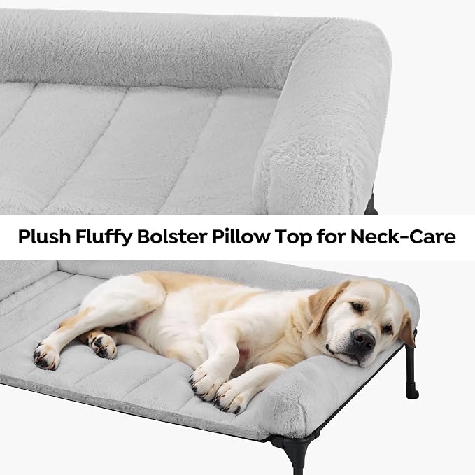 Veehoo Elevated Dog Beds Large Sized Dog with Fluffy Plush Bolster Cushion | Orthopedic Raised Dog Beds for Indoor Outdoor, Soft Pet Sofa Cot with Removable Washable Mat, No-Slip Feet, 42" x 30", Grey