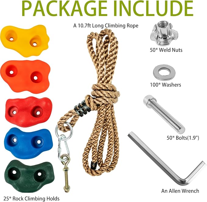 Cheardia 25 Pcs Rock Climbing Holds, Multi-Colored Rock Wall Holds Grips | Indoor & Outdoor Rock Wall Climbing Kit with Mounting Hardware and Knotted Rope for Adults Home Multi-Colored