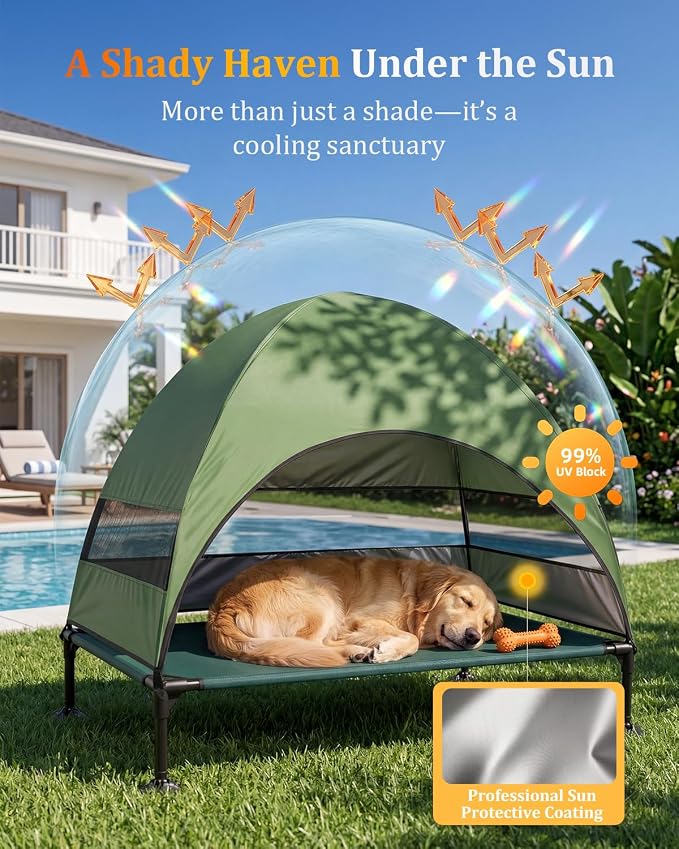 Elevated Outdoor Dog Bed with Canopy, Raised Dog Cot with Stable Adjustable Feet, Dog Camping Bed with Larger Shade, Lifted Dog Tent Bed with Canopy for Outside (Green, Large)