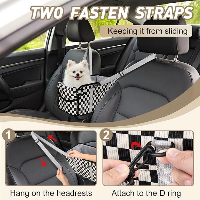 Console Dog Car Seat for Small Dogs, Foldable Booster Seat, Black Checkered | Portable Booster Seat Sits On Car Console/ Armrest. Foldable for Easy Storage. for Center Console, Easy To Clean.