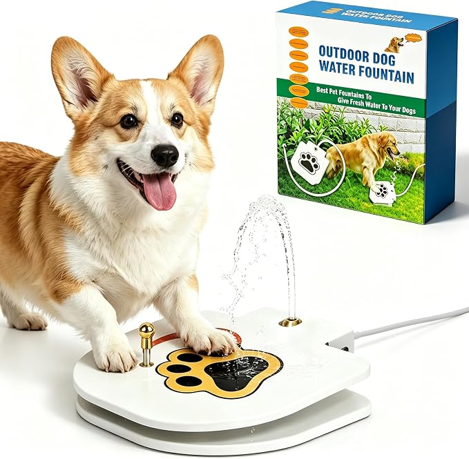 Outdoor Dog Water Fountain Step On, Upgraded Durable Dog Sprinkler Paw Activated, Sturdy Dog Water Toy for Large Dogs, Pet Drinking Dispenser for Backyard Garden Summer Outdoor Play (White)