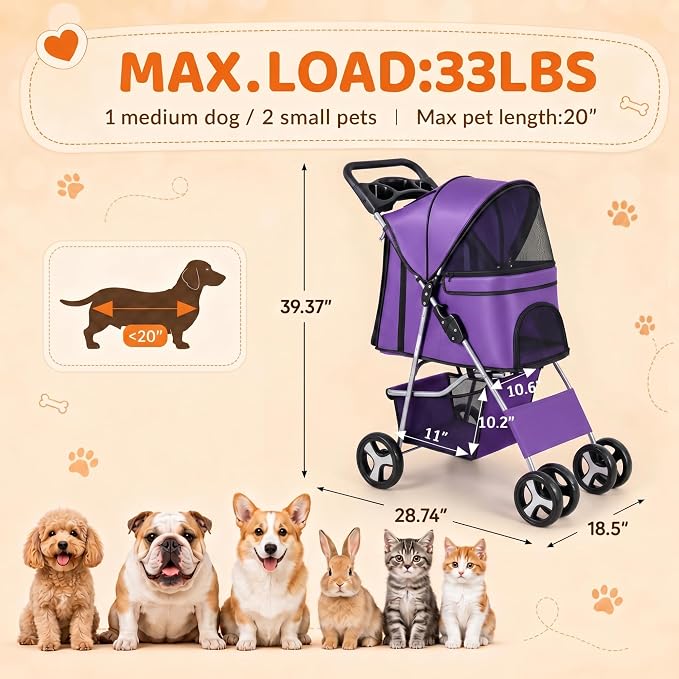 ZENY Foldable Pet Stroller, Cat/Dog Stroller with 4 Wheel, Pet Travel Carrier Strolling Cart with Storage Basket, Cup Holder (Purple)