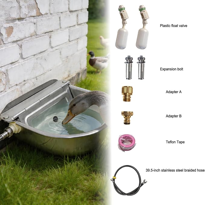 Automatic Water Bowl 304 Stainless Steel Pet Water Dispenser Dog, Feeder Waterer for Large Dogs with 40 Inch Steel Hose, 2 Float Valve, Copper Connector Adapter, 2 Bolts (with Drainage Hole)