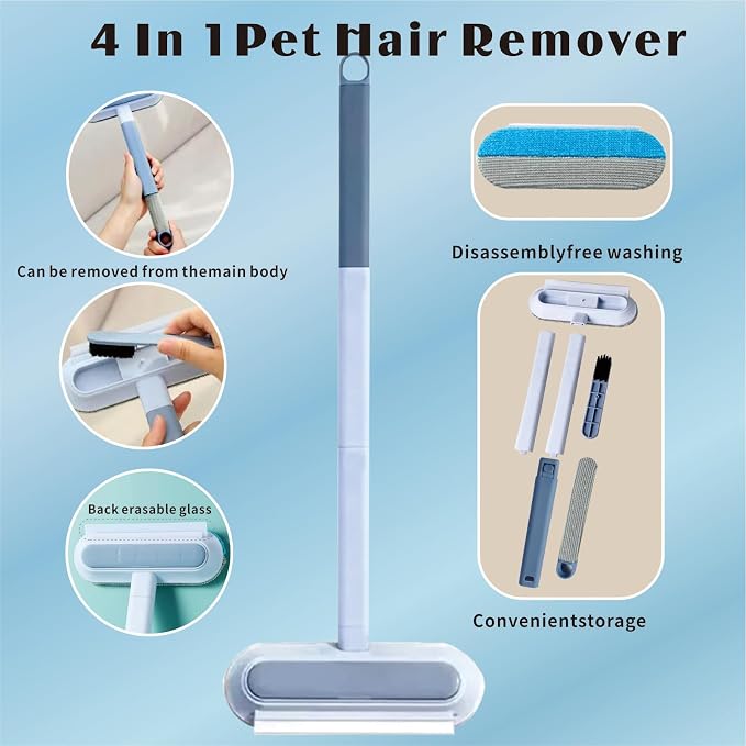 4 in 1 Pet Hair Remover Tool, Grey, 23.3Inch Adjustable Long Handle, Reusable, Washable Lint Cleaner for Dog and Cat Hair, Gentle on Furniture, for Couch, Furniture, Carpet, Clothes, Bedding
