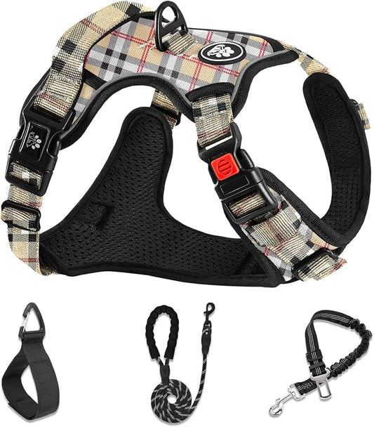 NESTROAD No Pull Dog Harness with Leash, Reflective No Choke Pet Vest Harness,Adjustable Soft Padded Dog Harness with Easy Control Handle for Large Dogs(Checkered Beige,Large)