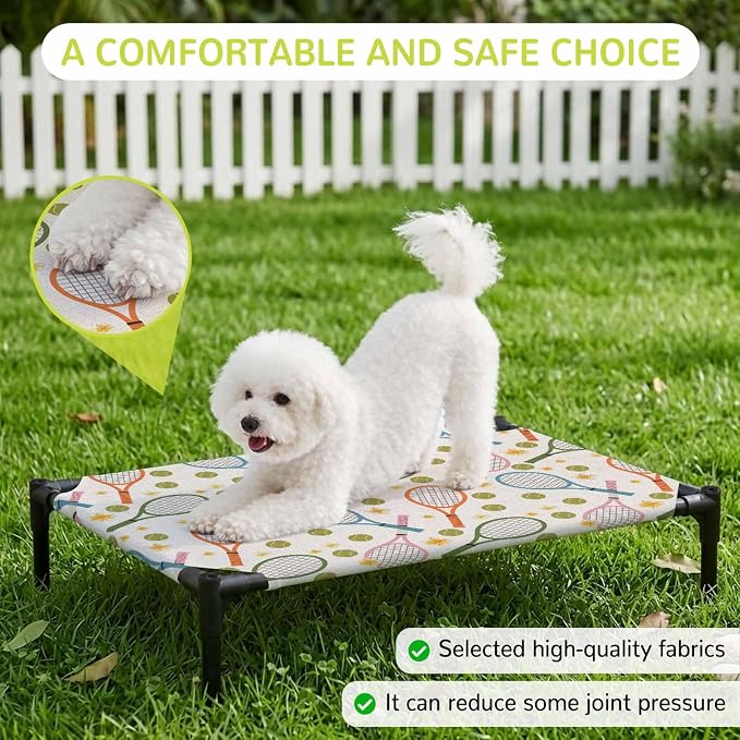 Outdoor Elevated Dog Bed for Large Dogs, Tennis Rackets Breathable Cooling Raised Dog Cot for Indoor/Outdoor, Farmhouse Flowers Ball Sports Theme Waterproof Elevated Pet Beds, L 28 x 22 in